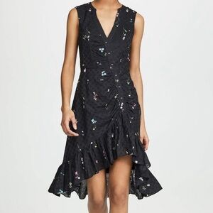 NWOT$278 PARKER Candy Ruffle Floral Eyelet High-Low Dress, Navy Blue, Sz4, Small